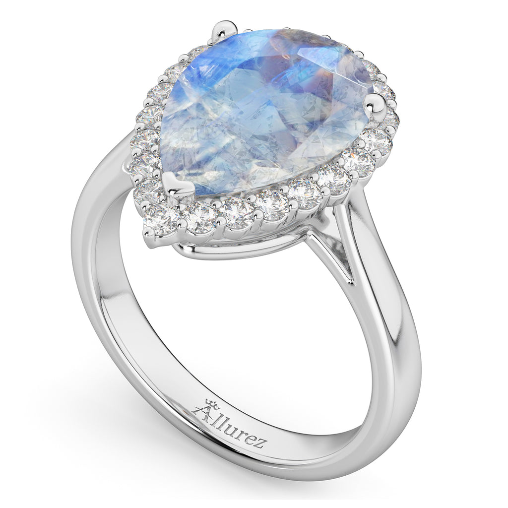 Pear Cut Halo Moonstone & Diamond Engagement Ring 14K White Gold 4.69ct