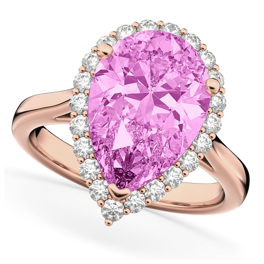 Pear Cut Halo Pink Sapphire & Diamond Engagement Ring 14K Rose Gold 8.34ct
