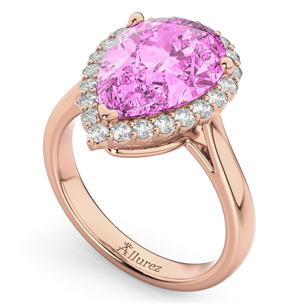 Pear Cut Halo Pink Sapphire & Diamond Engagement Ring 14K Rose Gold 8.34ct