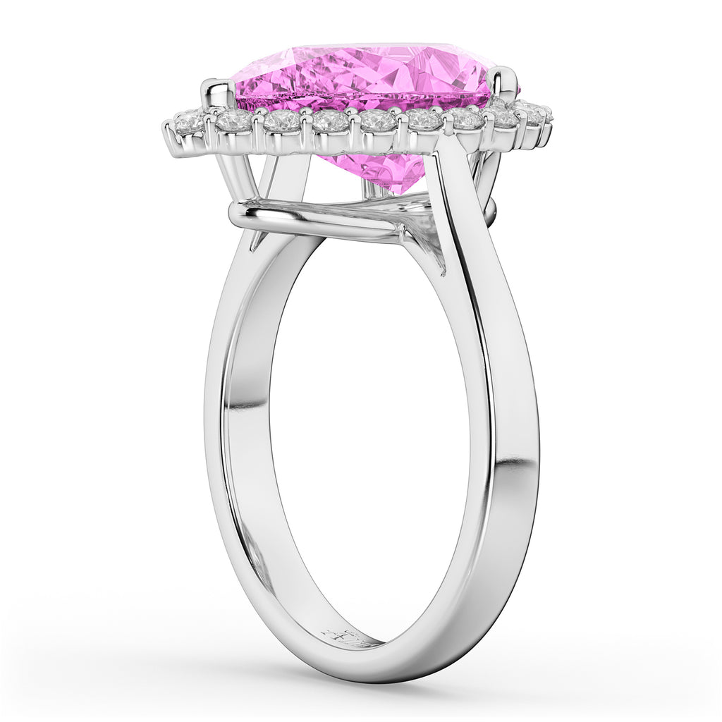 Pear Cut Halo Pink Sapphire & Diamond Engagement Ring 14K White Gold 8.34ct