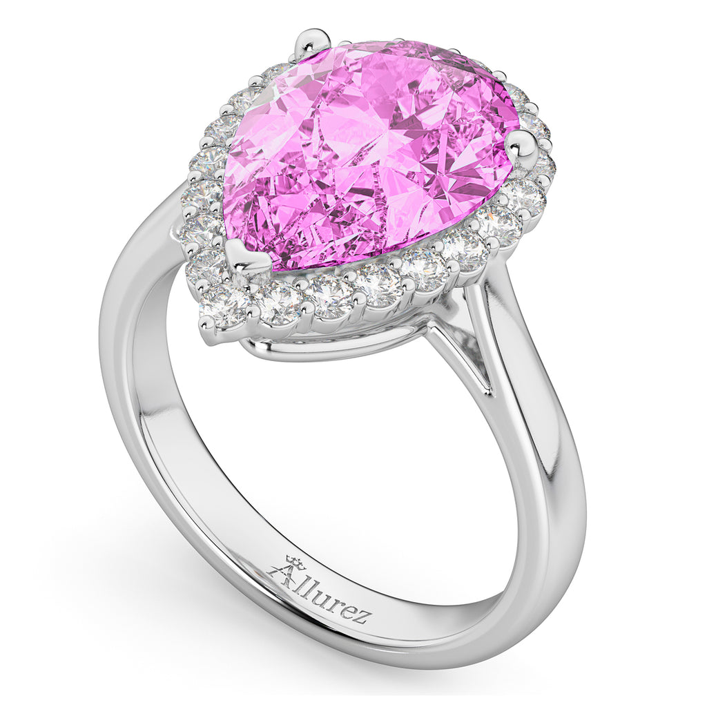 Pear Cut Halo Pink Sapphire & Diamond Engagement Ring 14K White Gold 8.34ct