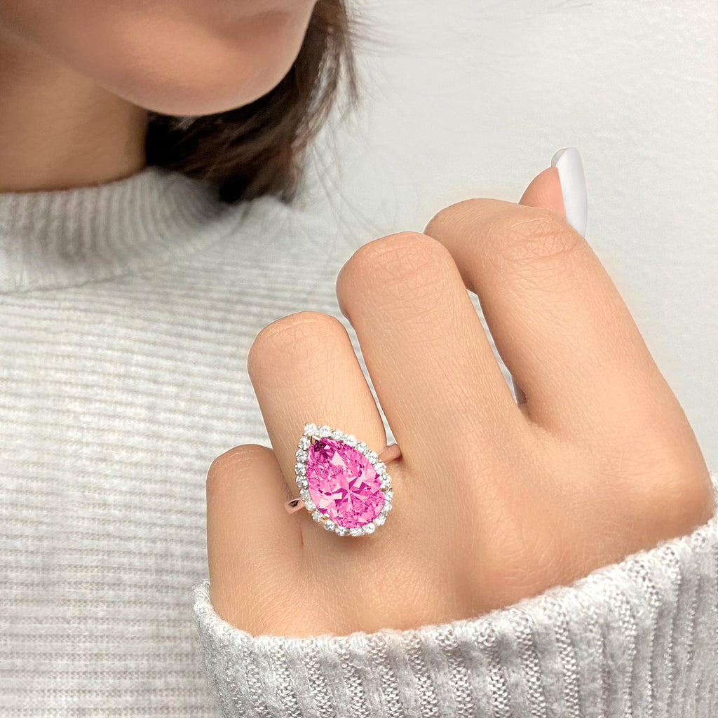 Pear Cut Halo Pink Tourmaline & Diamond Engagement Ring 14K Rose Gold 7.19ct