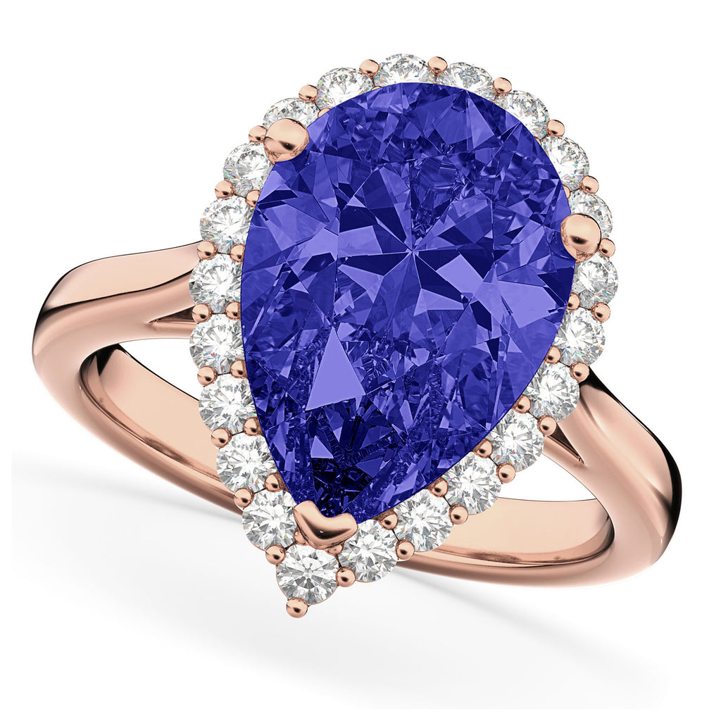 Pear Cut Halo Tanzanite & Diamond Engagement Ring 14K Rose Gold 8.34ct