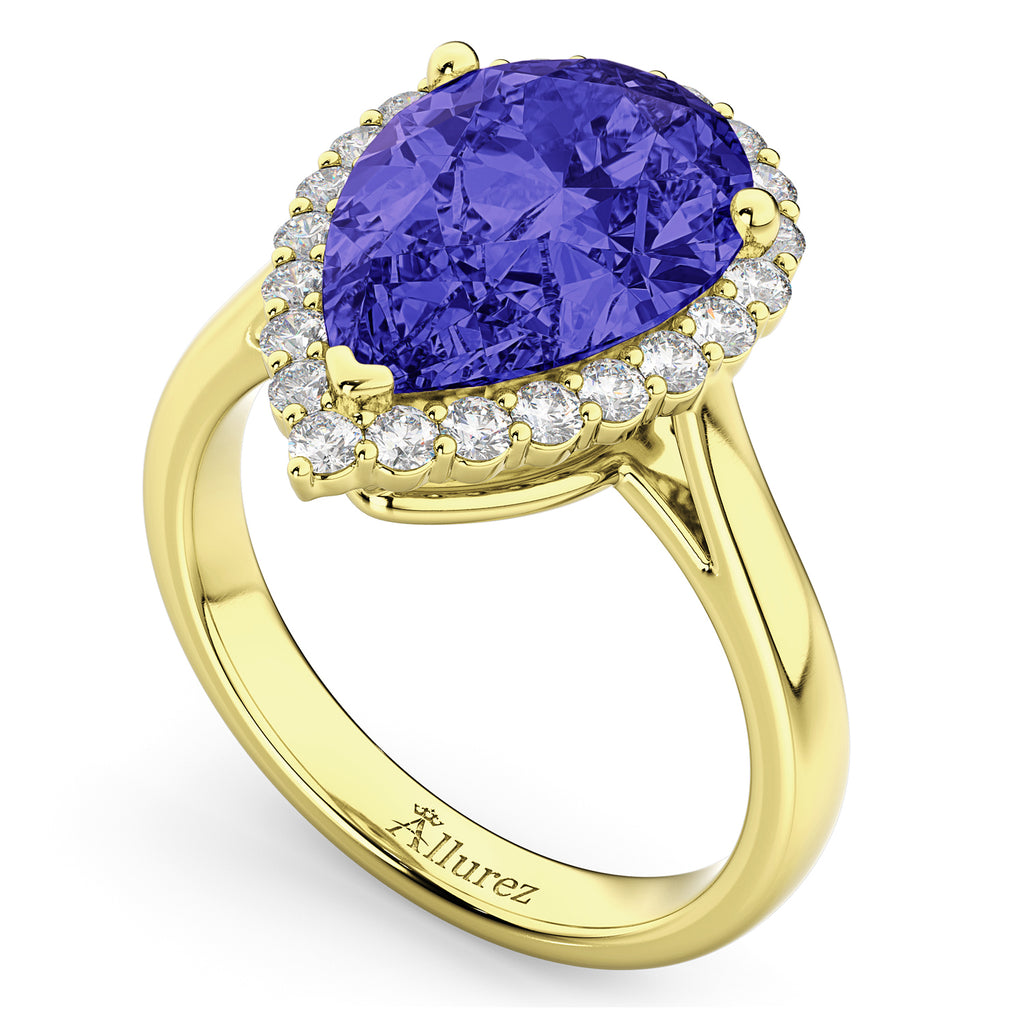 Pear Cut Halo Tanzanite & Diamond Engagement Ring 14K Yellow Gold 8.34ct