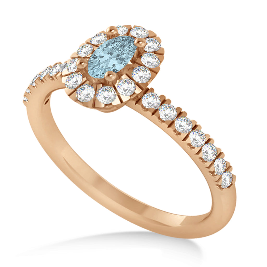 Oval Aquamarine & Diamond Halo Engagement Ring 14k Rose Gold (0.60ct)