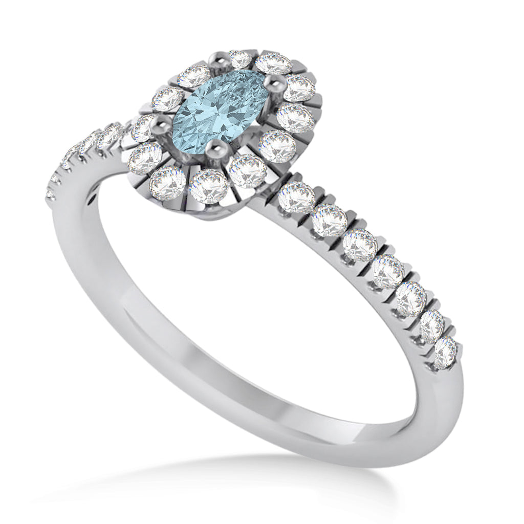 Oval Aquamarine & Diamond Halo Engagement Ring 14k White Gold (0.60ct)