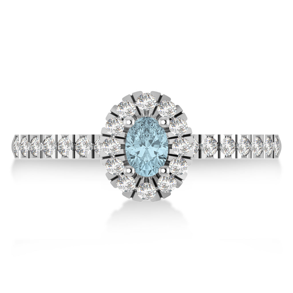 Oval Aquamarine & Diamond Halo Engagement Ring 14k White Gold (0.60ct)