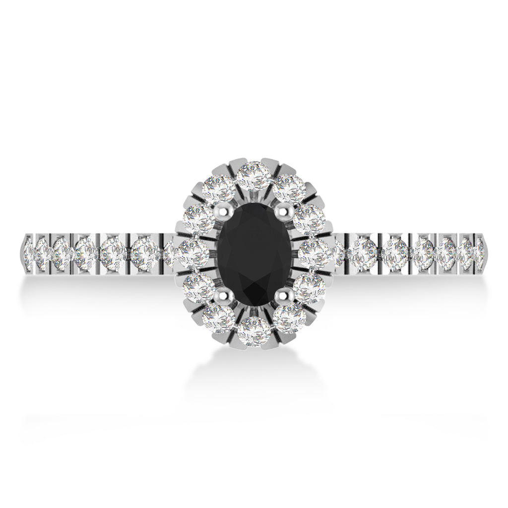 Oval Black & White Diamond Halo Engagement Ring 14k White Gold (0.60ct)