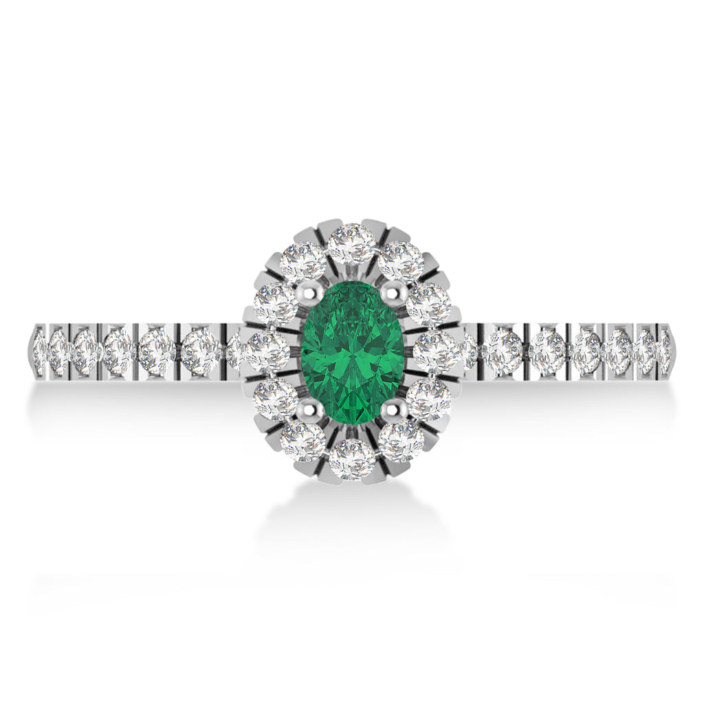 Oval Emerald & Diamond Halo Engagement Ring 14k White Gold (0.60ct)