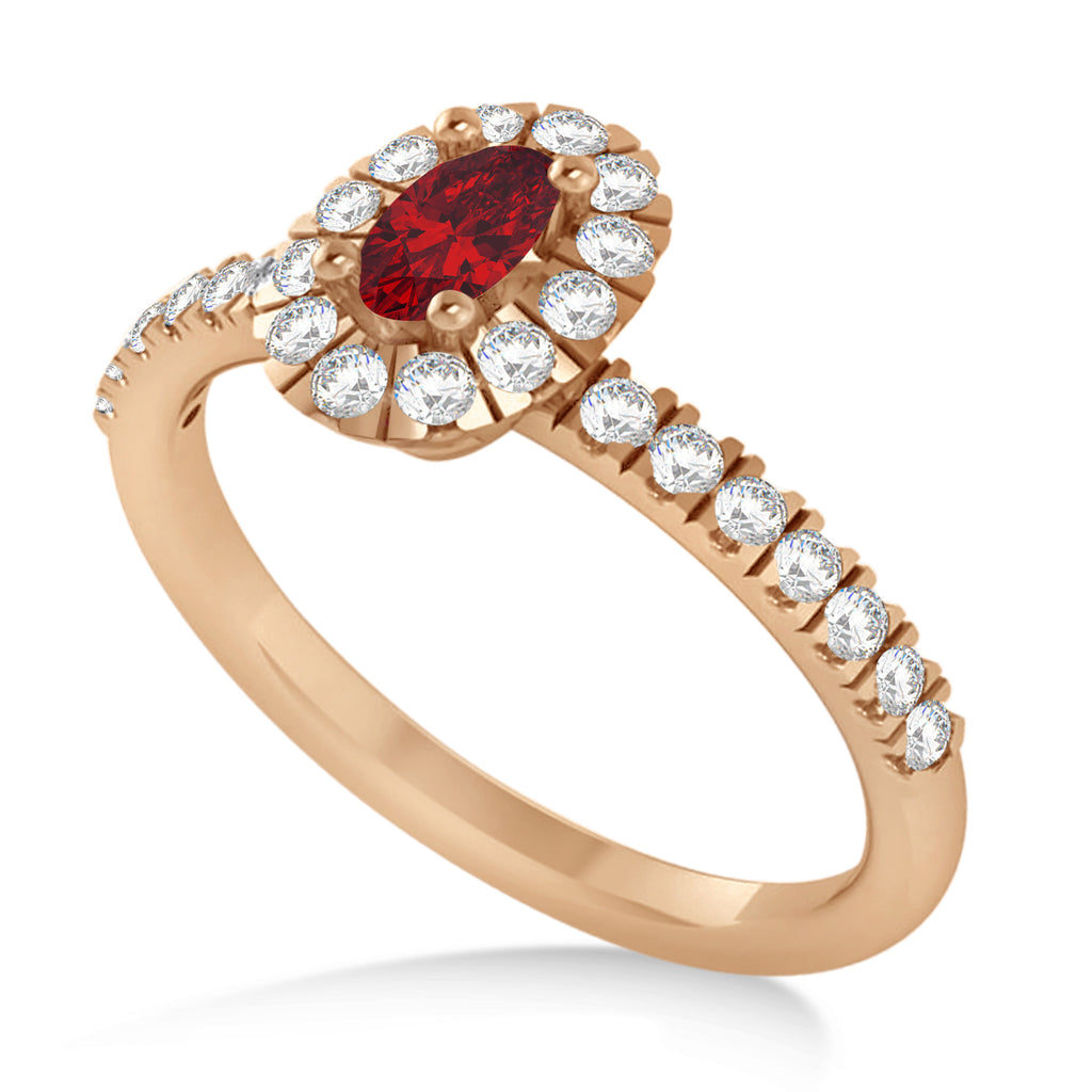 Oval Ruby & Diamond Halo Engagement Ring 14k Rose Gold (0.60ct)
