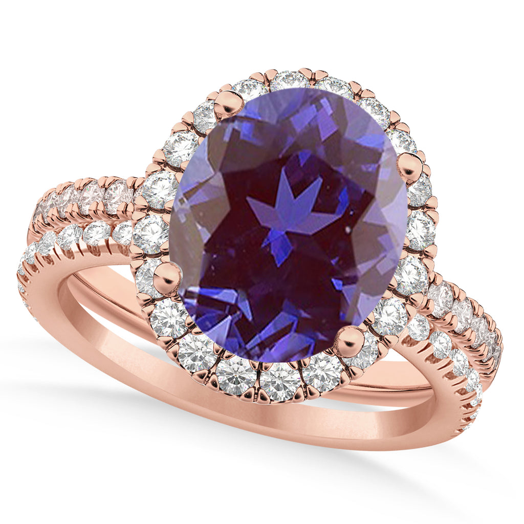 Lab Alexandrite & Diamonds Oval-Cut Halo Bridal Set 14K Rose Gold (3.18ct)