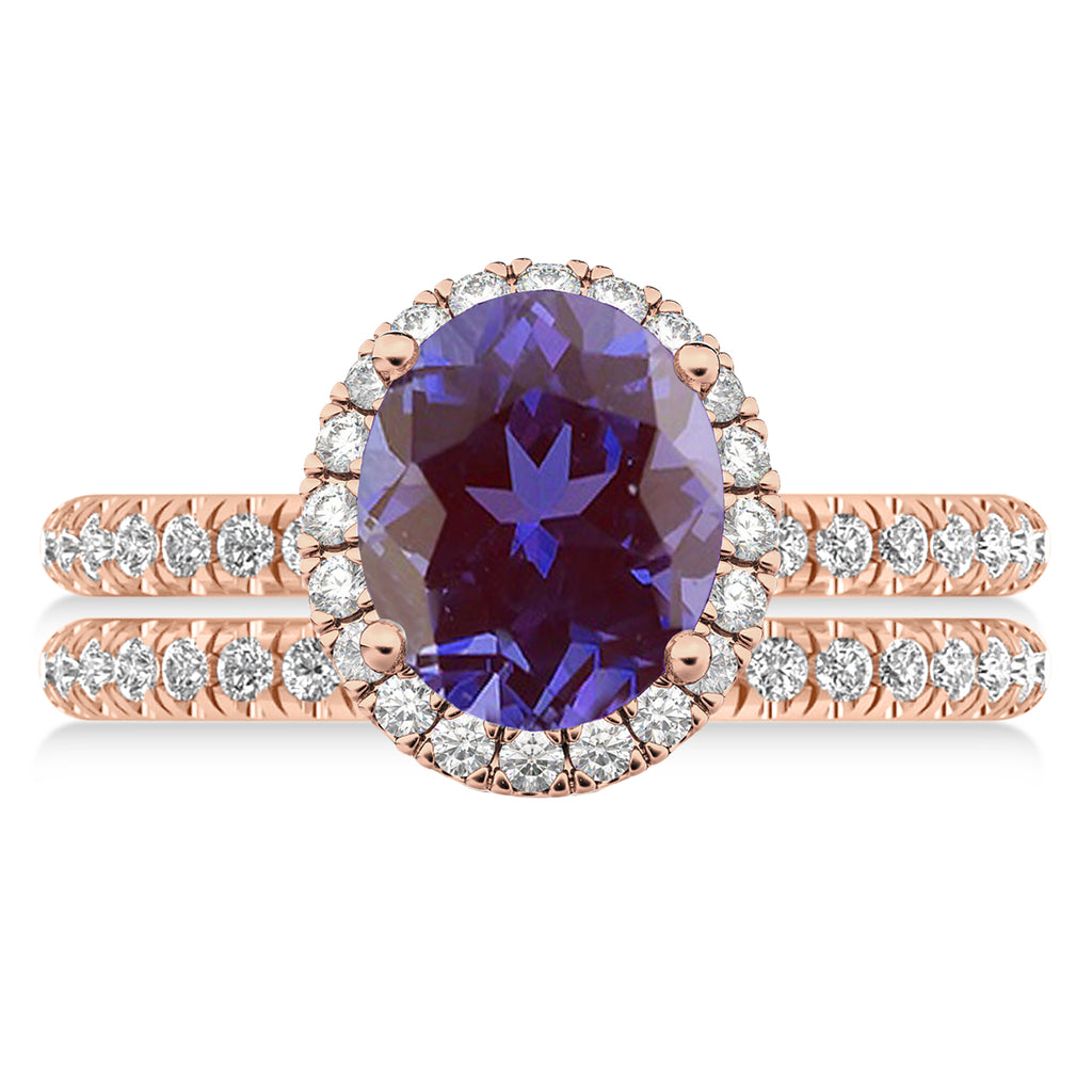 Lab Alexandrite & Diamonds Oval-Cut Halo Bridal Set 14K Rose Gold (3.18ct)