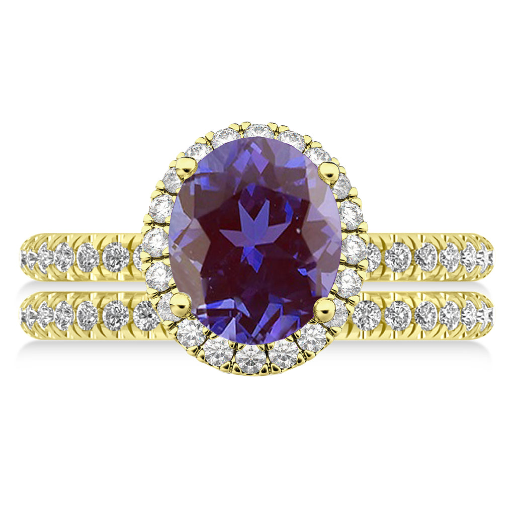 Lab Alexandrite & Diamonds Oval-Cut Halo Bridal Set 14K Yellow Gold (3.18ct)