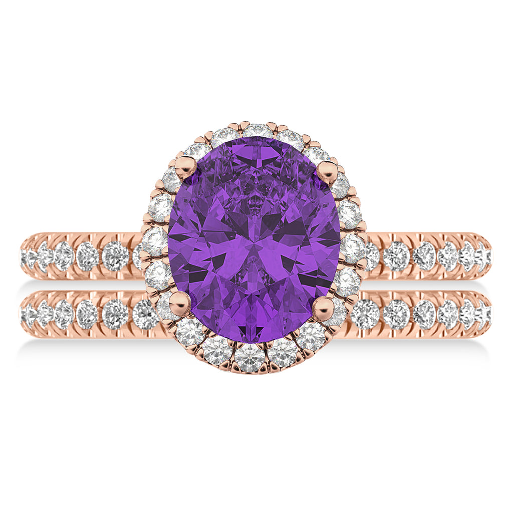 Amethyst & Diamonds Oval-Cut Halo Bridal Set 14K Rose Gold (3.18ct)