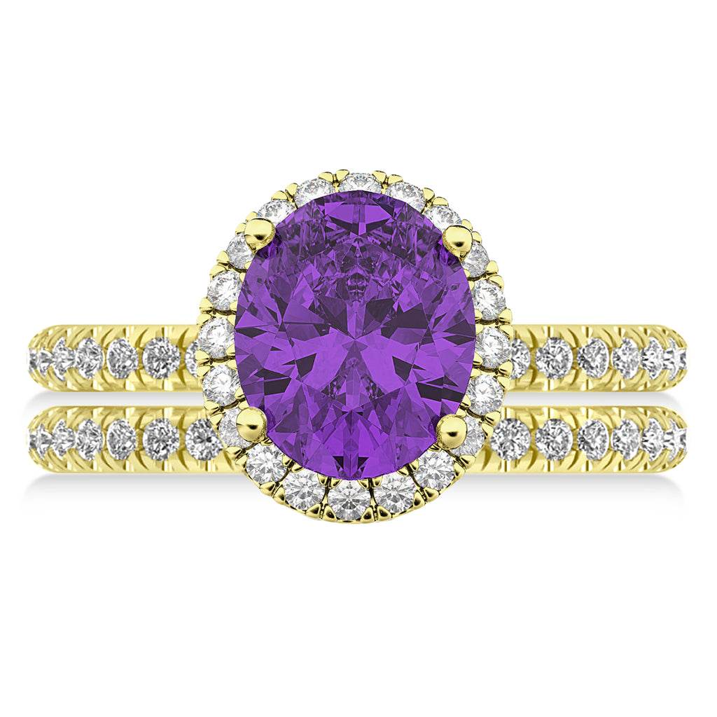 Amethyst & Diamonds Oval-Cut Halo Bridal Set 14K Yellow Gold (3.18ct)