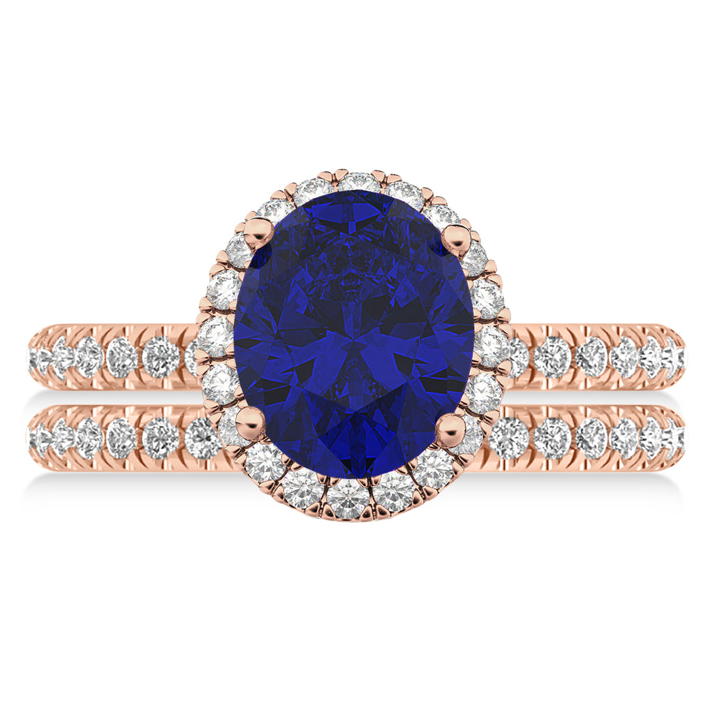 Blue Sapphire & Diamonds Oval-Cut Halo Bridal Set 14K Rose Gold (3.93ct)