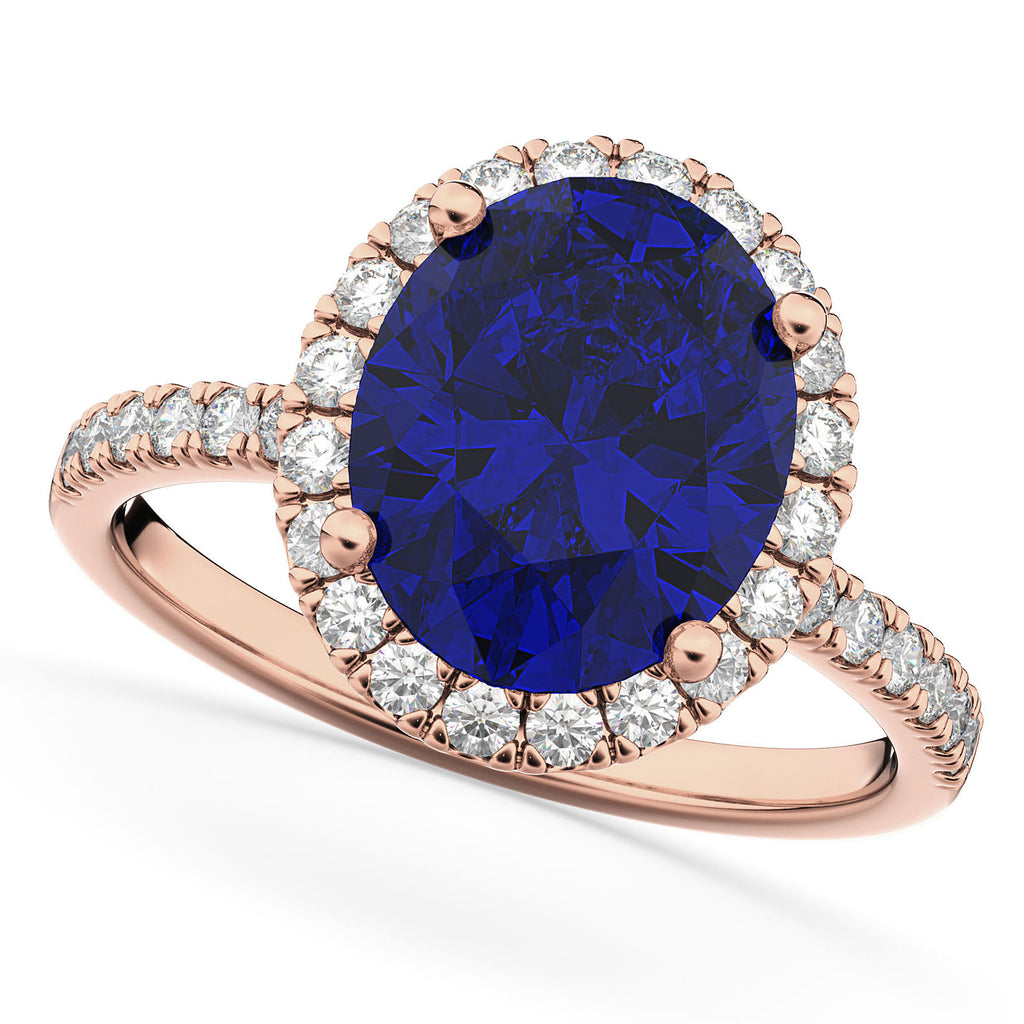 Blue Sapphire & Diamonds Oval-Cut Halo Bridal Set 14K Rose Gold (3.93ct)