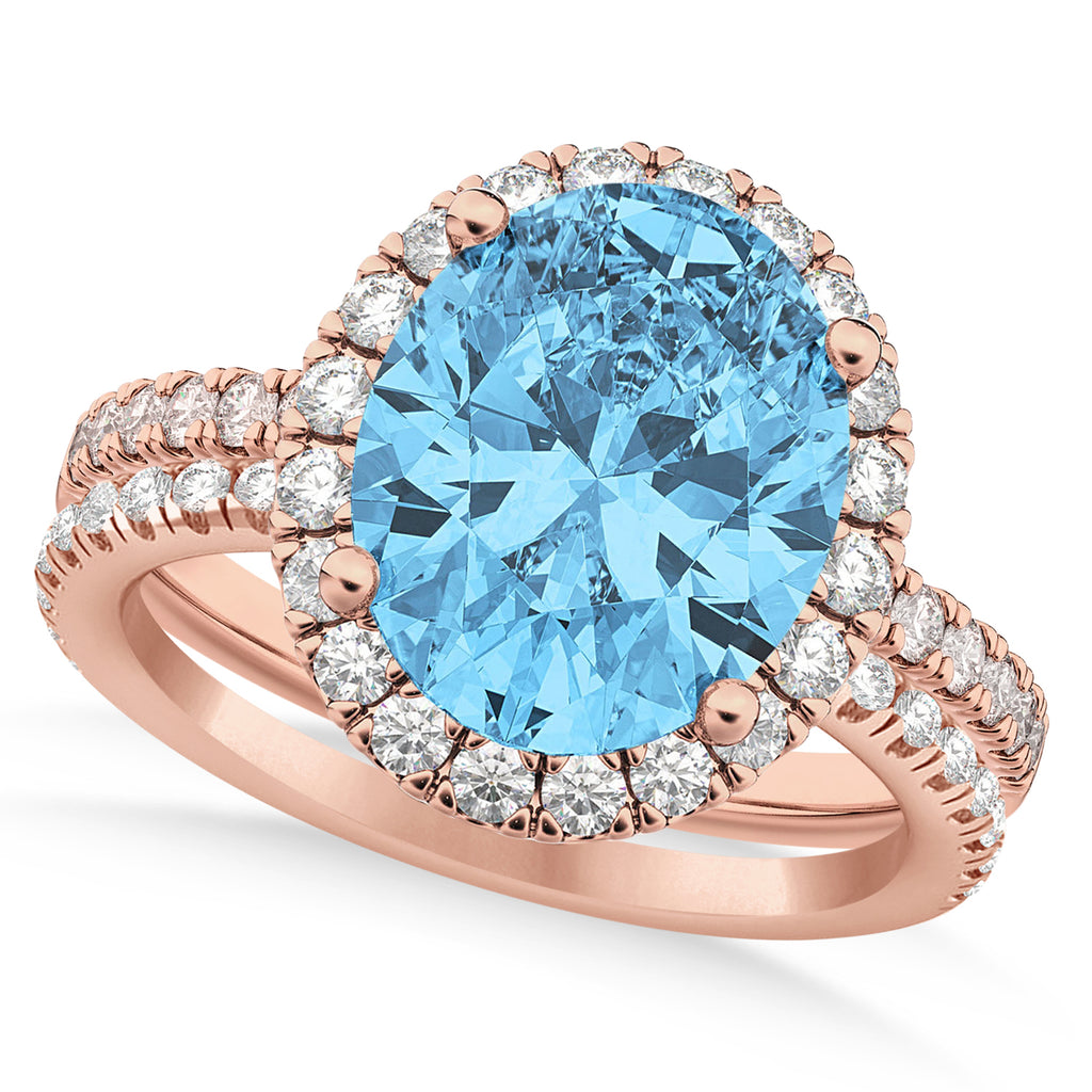 Blue Topaz & Diamonds Oval-Cut Halo Bridal Set 14K Rose Gold (4.28ct)