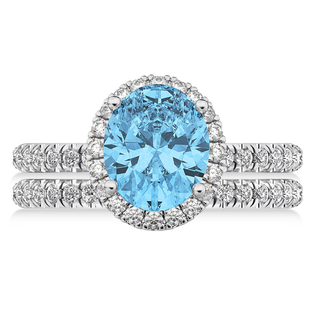 Blue Topaz & Diamonds Oval-Cut Halo Bridal Set 14K White Gold (4.28ct)