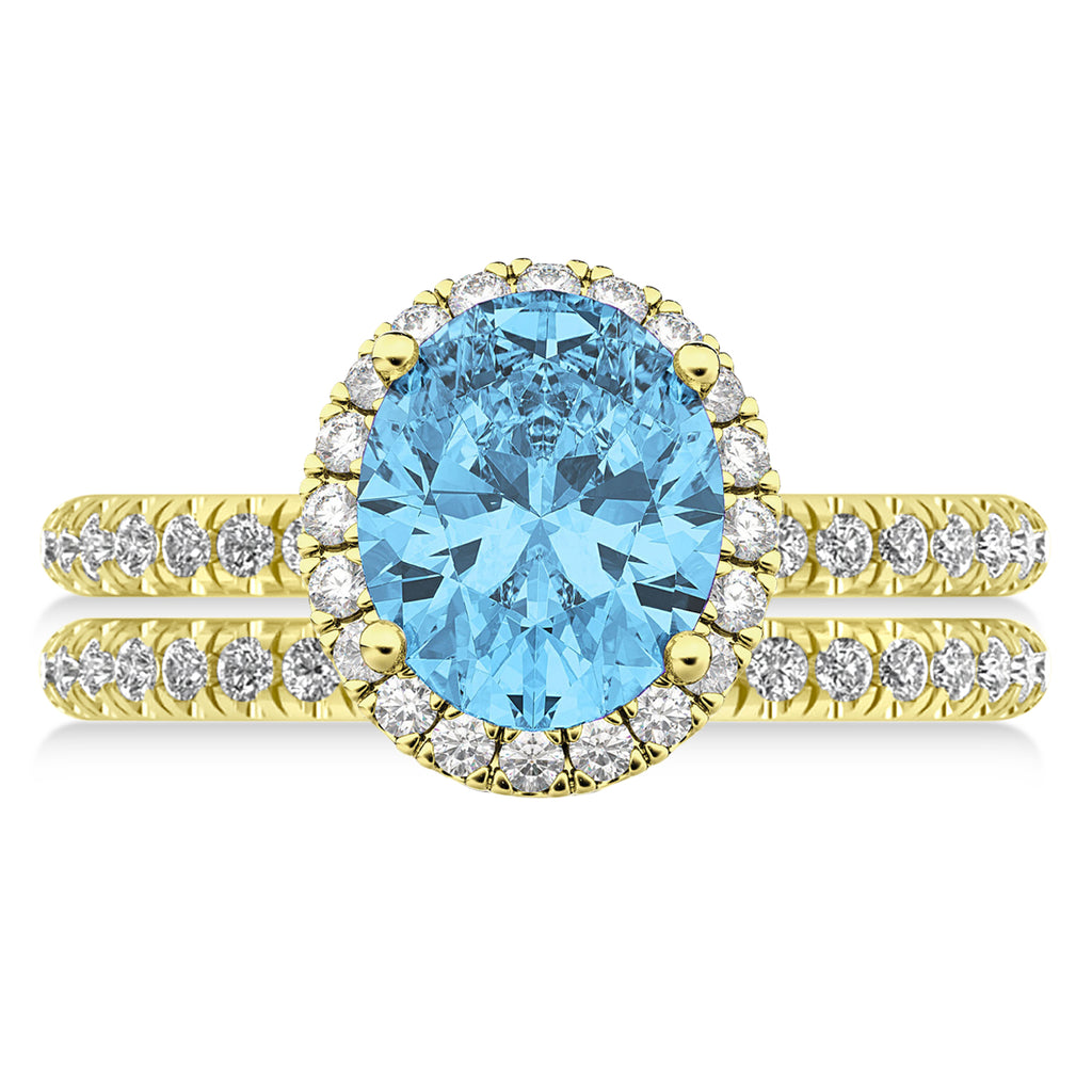 Blue Topaz & Diamonds Oval-Cut Halo Bridal Set 14K Yellow Gold (4.28ct)