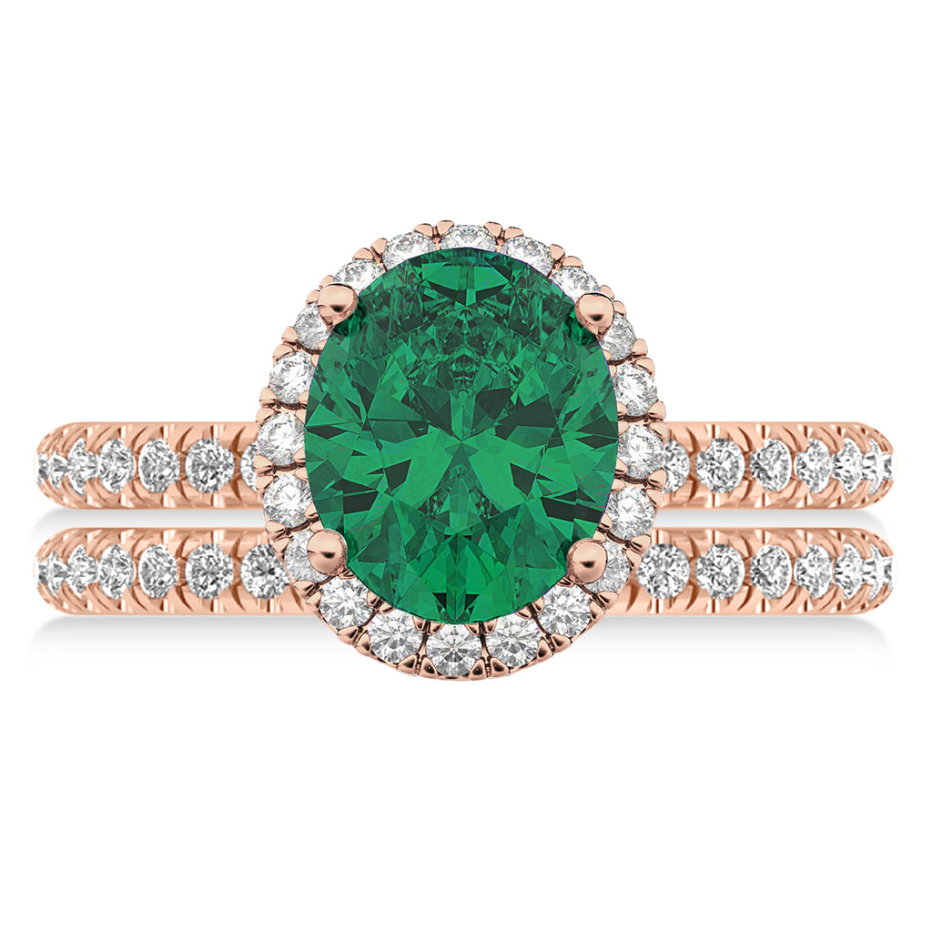 Emerald & Diamonds Oval-Cut Halo Bridal Set 14K Rose Gold (3.38ct)