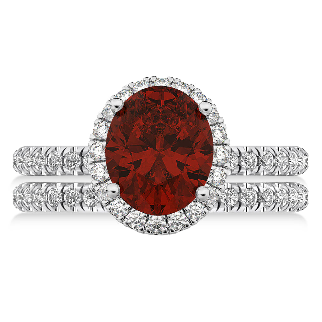 Garnet & Diamonds Oval-Cut Halo Bridal Set 14K White Gold (3.58ct)