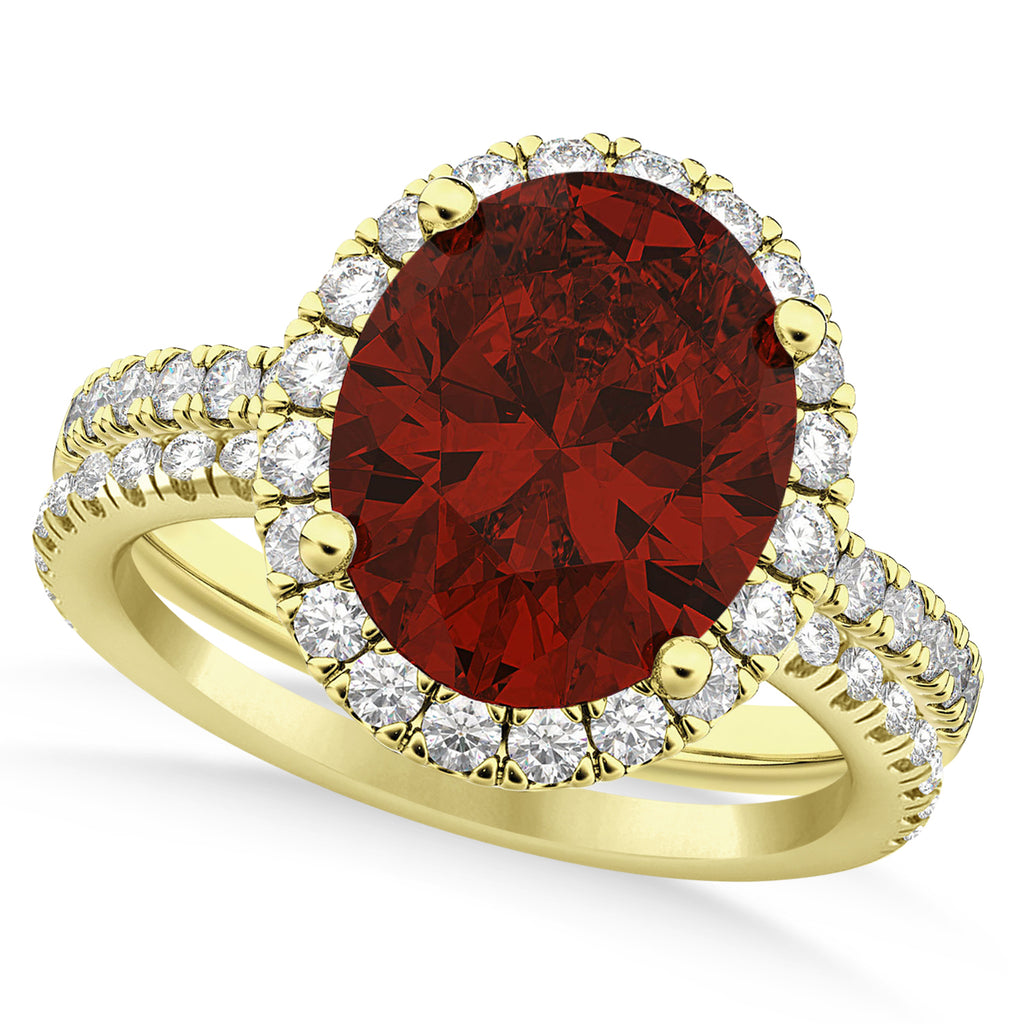 Garnet & Diamonds Oval-Cut Halo Bridal Set 14K Yellow Gold (3.58ct)