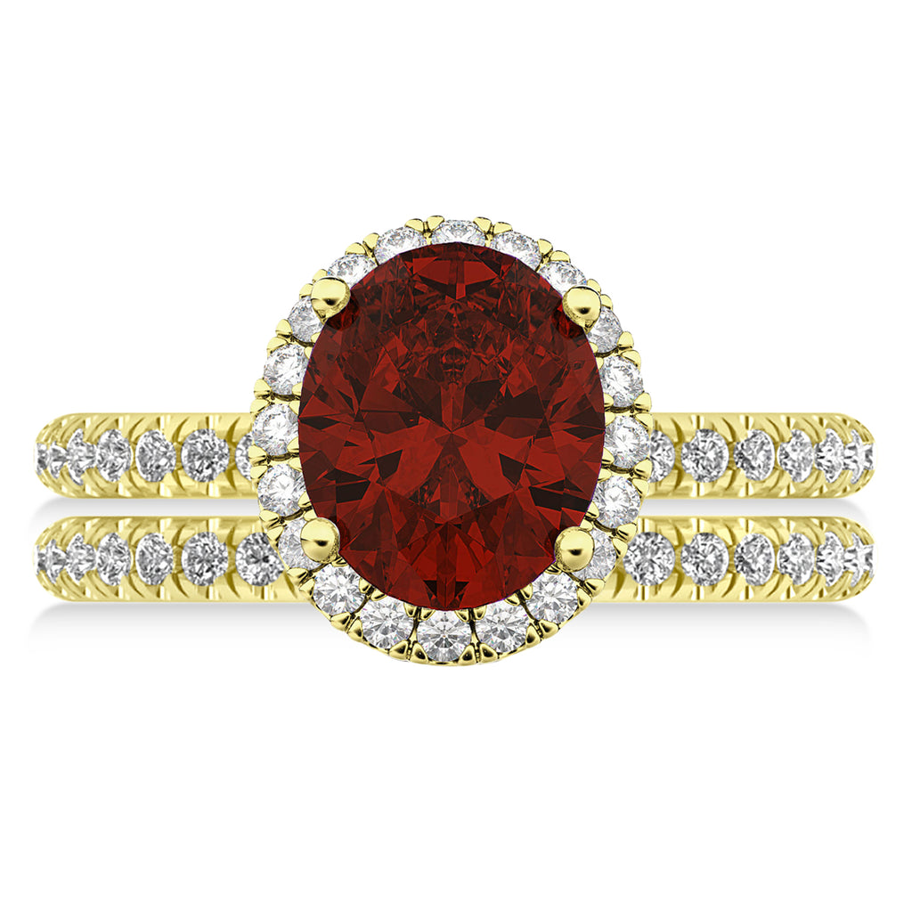 Garnet & Diamonds Oval-Cut Halo Bridal Set 14K Yellow Gold (3.58ct)