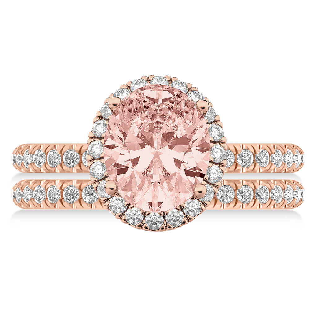 Morganite & Diamonds Oval-Cut Halo Bridal Set 14K Rose Gold (3.08ct)