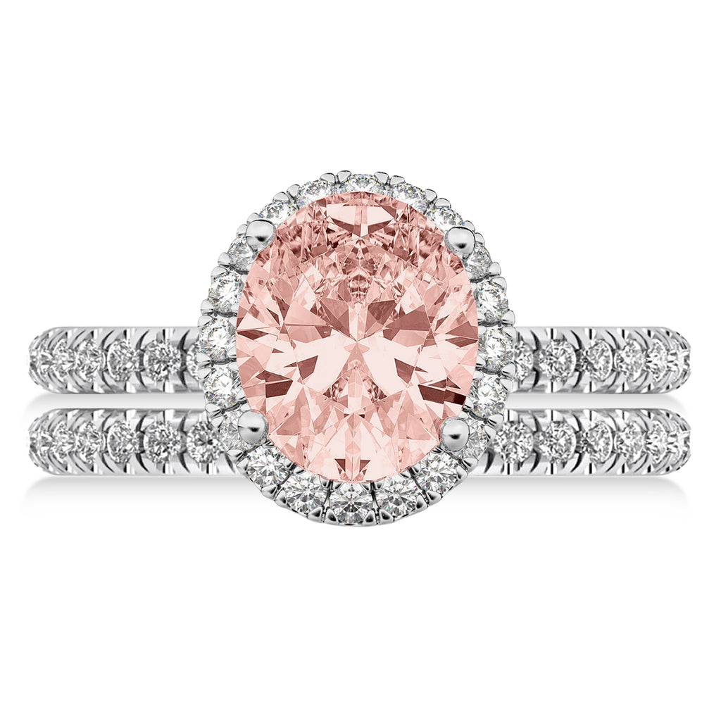 Morganite & Diamonds Oval-Cut Halo Bridal Set 14K White Gold (3.08ct)