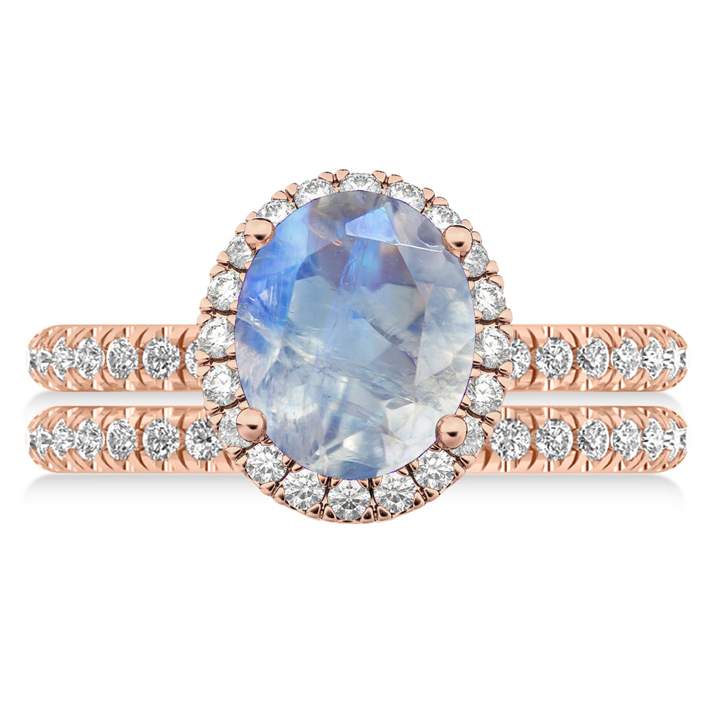 Moonstone & Diamonds Oval-Cut Halo Bridal Set 14K Rose Gold (3.58ct)