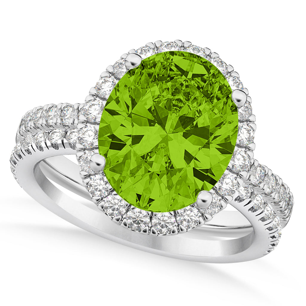 Peridot & Diamonds Oval-Cut Halo Bridal Set 14K White Gold (3.28ct)