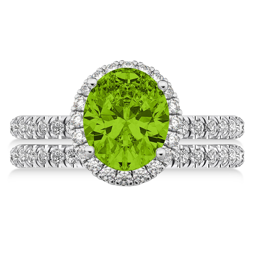 Peridot & Diamonds Oval-Cut Halo Bridal Set 14K White Gold (3.28ct)