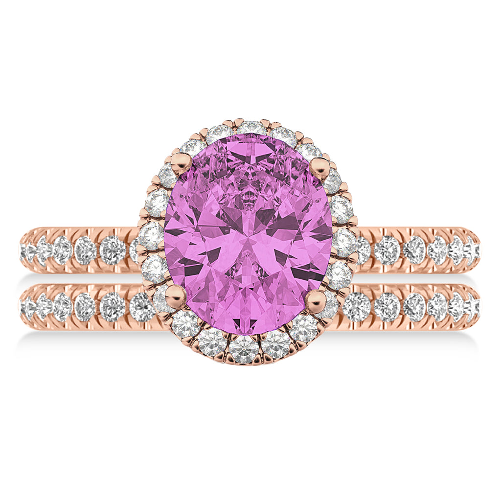 Pink Sapphire & Diamonds Oval-Cut Halo Bridal Set 14K Rose Gold (3.93ct)