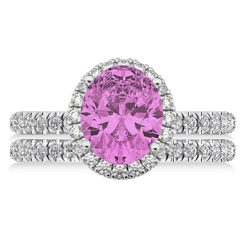 Pink Sapphire & Diamonds Oval-Cut Halo Bridal Set 14K White Gold (3.93ct)