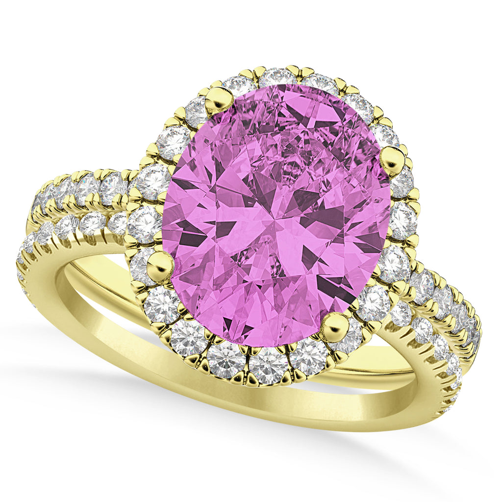 Pink Sapphire & Diamonds Oval-Cut Halo Bridal Set 14K Yellow Gold (3.93ct)