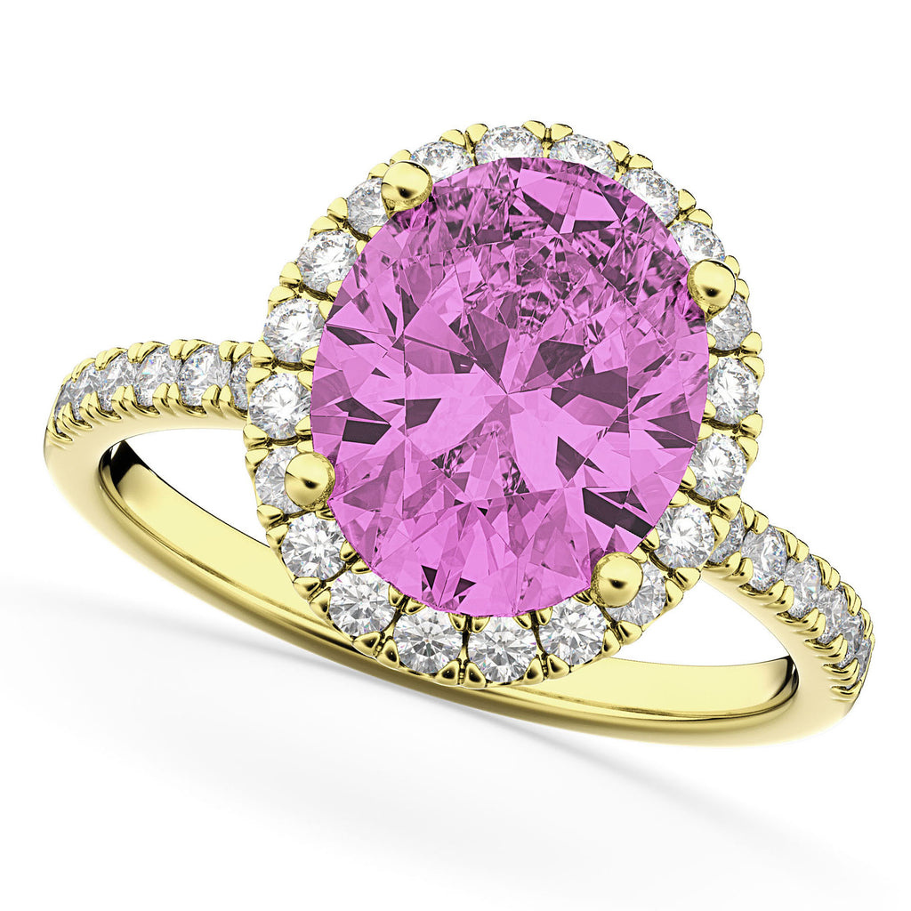 Pink Sapphire & Diamonds Oval-Cut Halo Bridal Set 14K Yellow Gold (3.93ct)