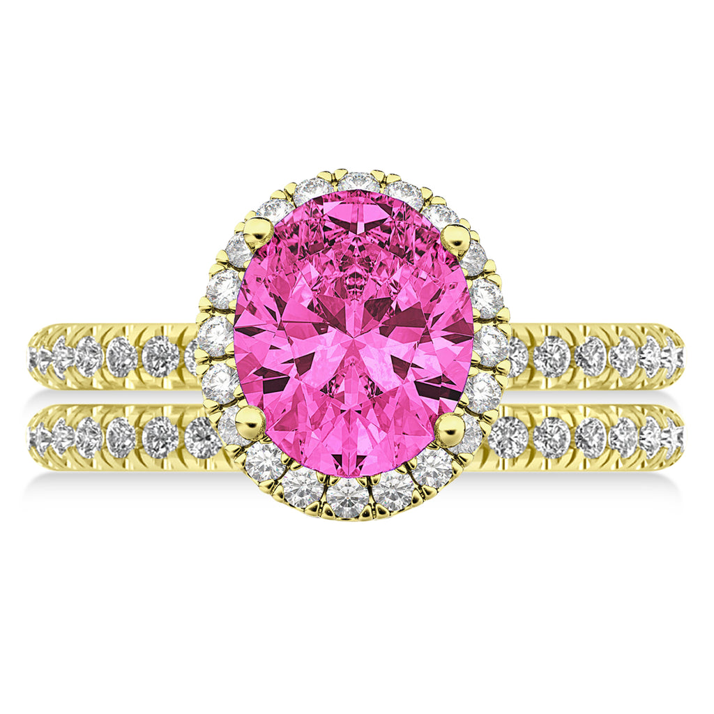 Pink Tourmaline & Diamonds Oval-Cut Halo Bridal Set 14K Yellow Gold (3.68ct)