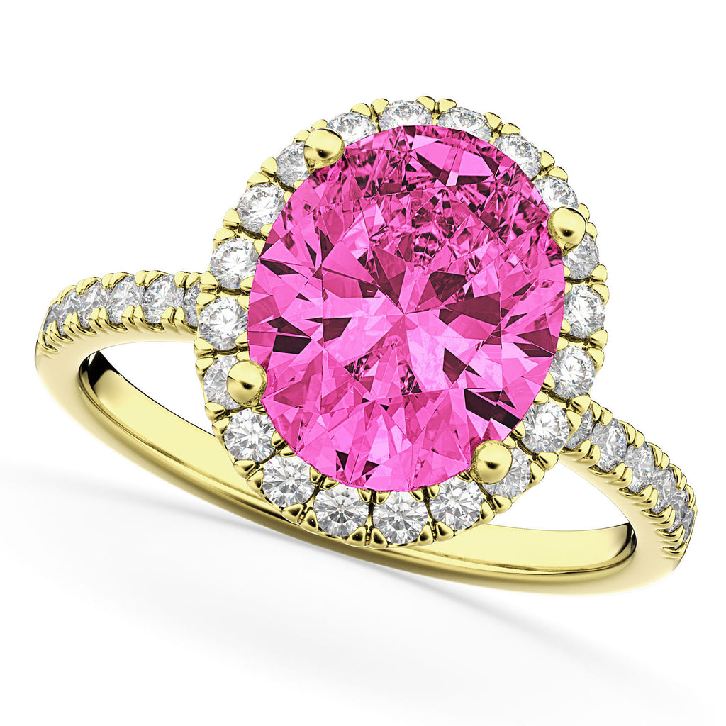 Pink Tourmaline & Diamonds Oval-Cut Halo Bridal Set 14K Yellow Gold (3.68ct)