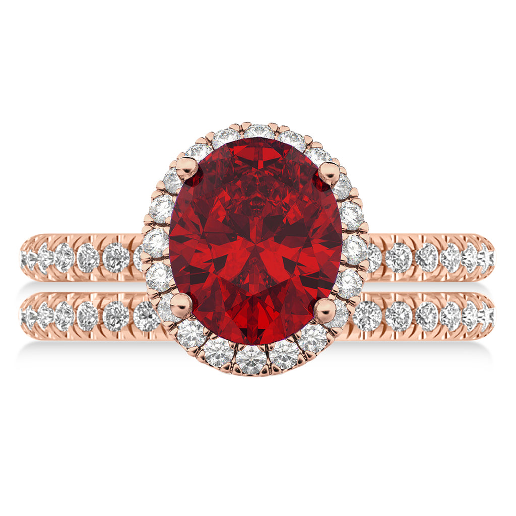 Ruby & Diamonds Oval-Cut Halo Bridal Set 14K Rose Gold (3.93ct)
