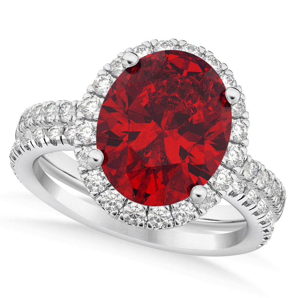 Ruby & Diamonds Oval-Cut Halo Bridal Set 14K White Gold (3.93ct)