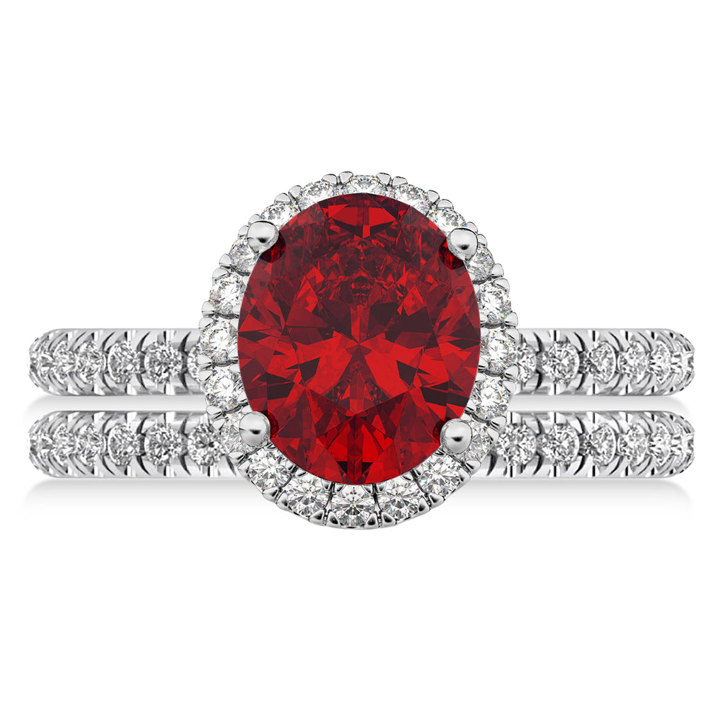 Ruby & Diamonds Oval-Cut Halo Bridal Set 14K White Gold (3.93ct)