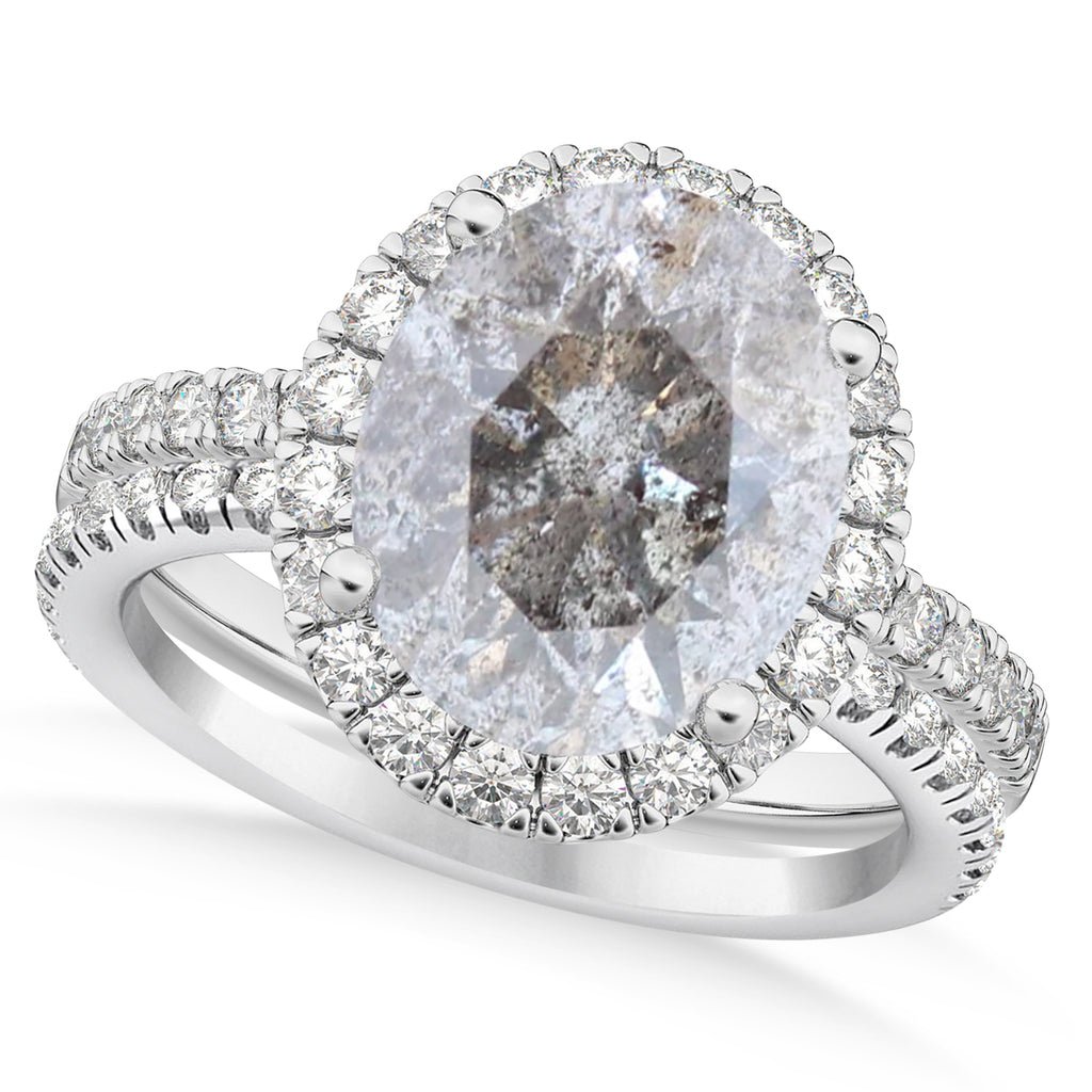 Salt & Pepper & White Diamonds Oval-Cut Halo Bridal Set 14K White Gold (3.78ct)