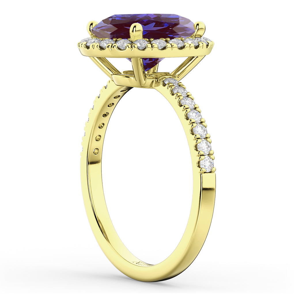 Oval Cut Halo Lab Alexandrite & Diamond Engagement Ring 14K Yellow Gold 2.91ct