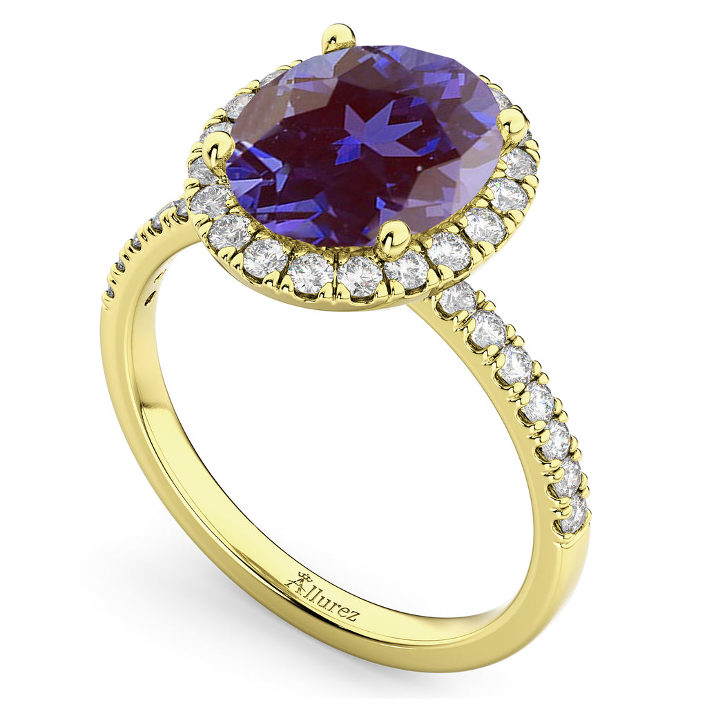 Oval Cut Halo Lab Alexandrite & Diamond Engagement Ring 14K Yellow Gold 2.91ct