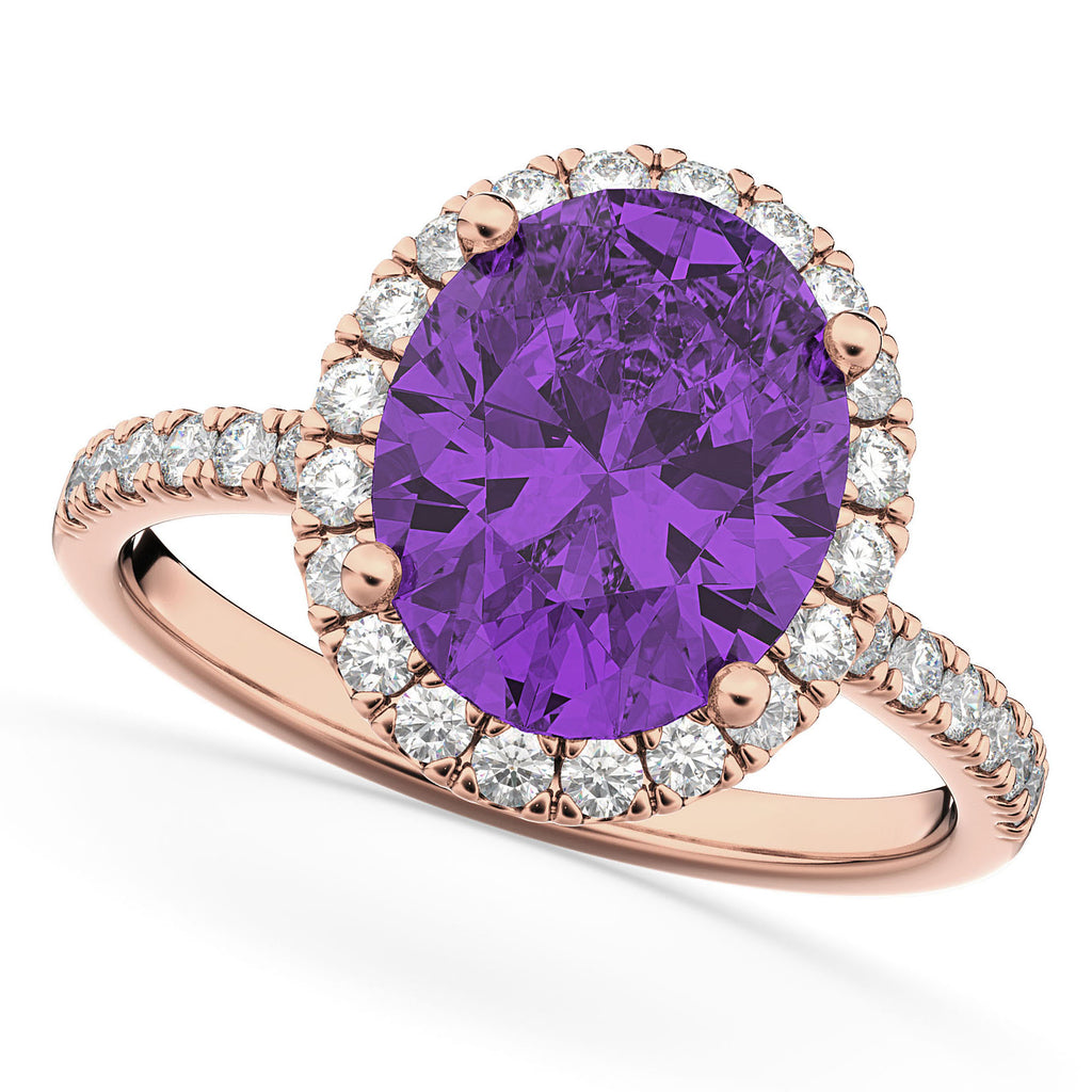 Oval Cut Halo Amethyst & Diamond Engagement Ring 14K Rose Gold 2.91ct