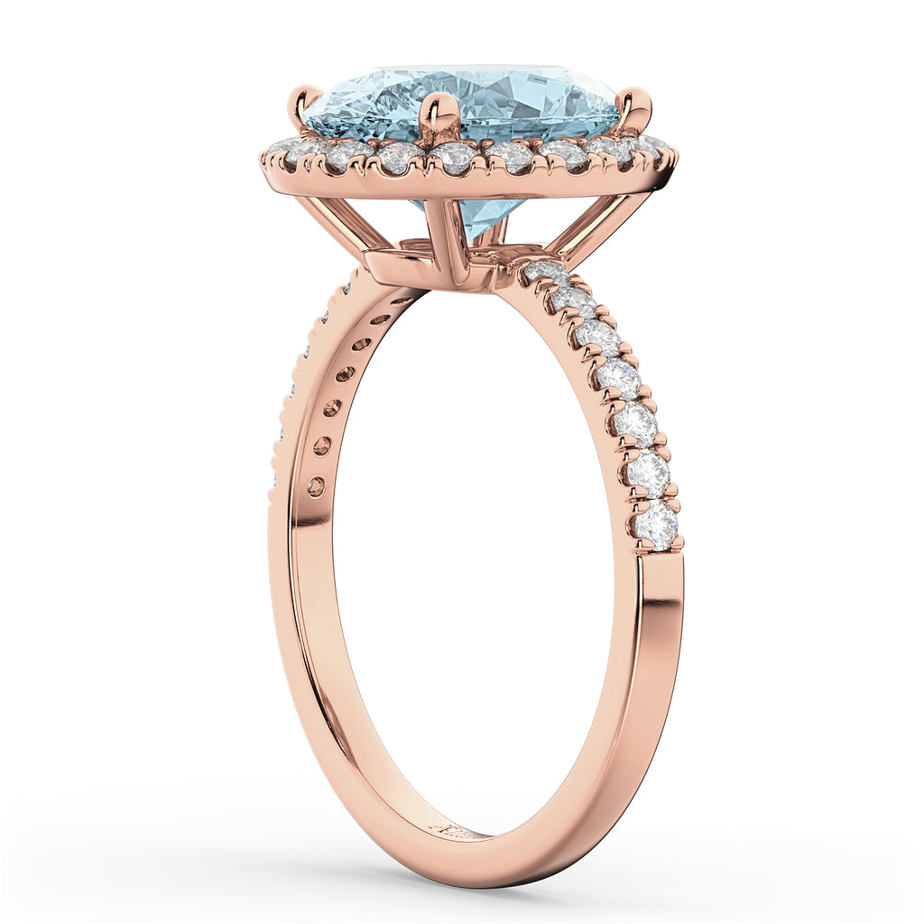 Oval Cut Halo Aquamarine & Diamond Engagement Ring 14K Rose Gold 2.76ct