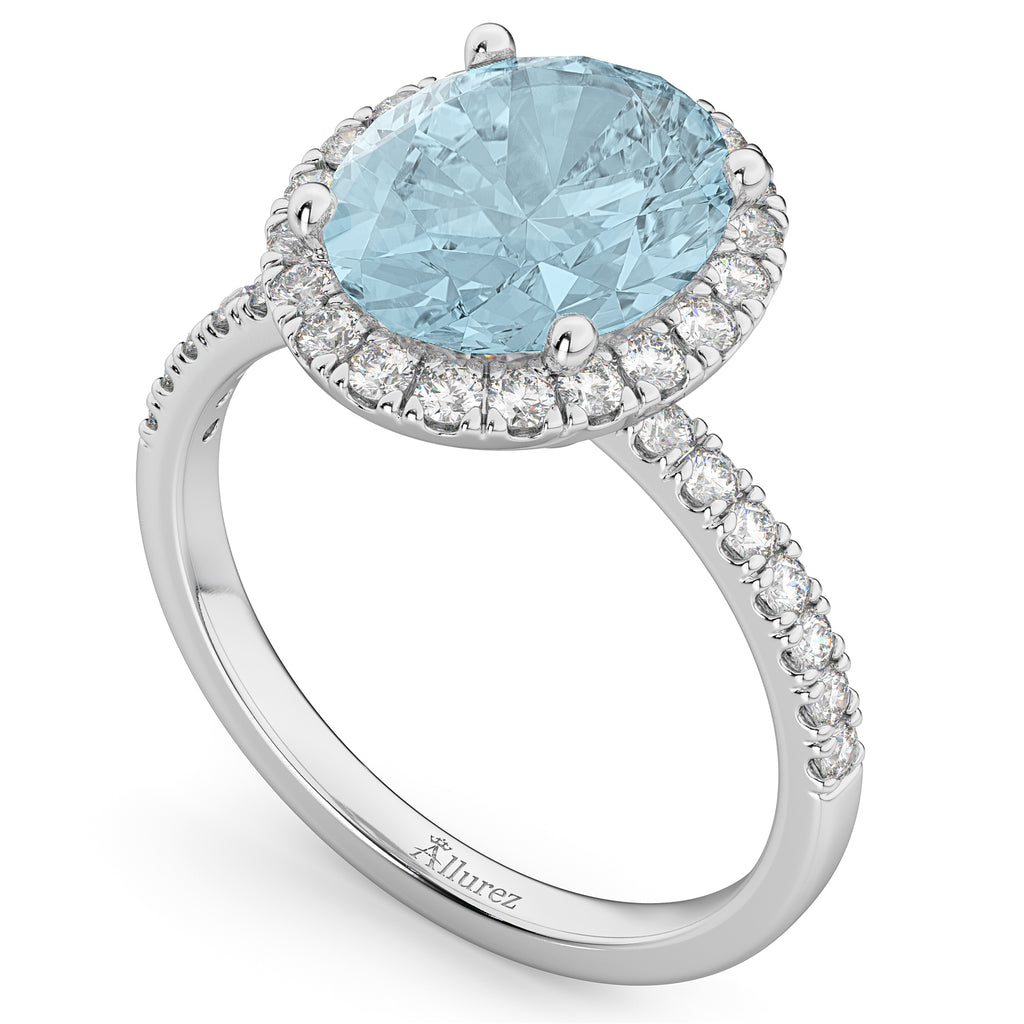 Oval Cut Halo Aquamarine & Diamond Engagement Ring 14K White Gold 2.76ct