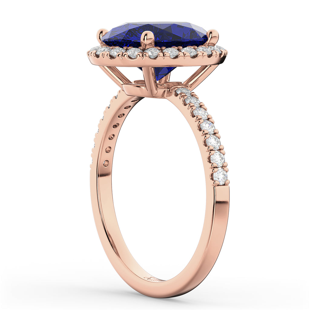 Oval Cut Halo Blue Sapphire & Diamond Engagement Ring 14K Rose Gold 3.66ct