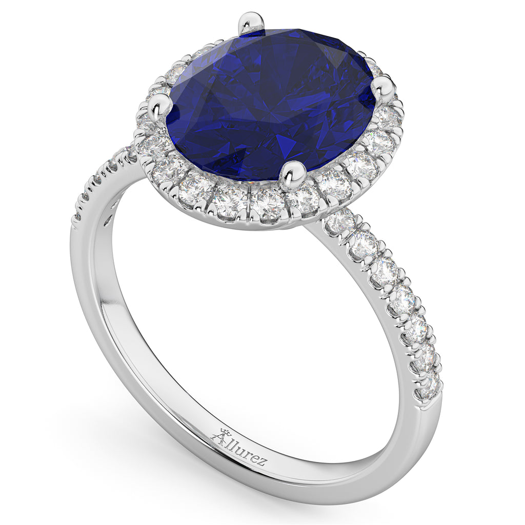 Oval Cut Halo Blue Sapphire & Diamond Engagement Ring 14K White Gold 3.66ct